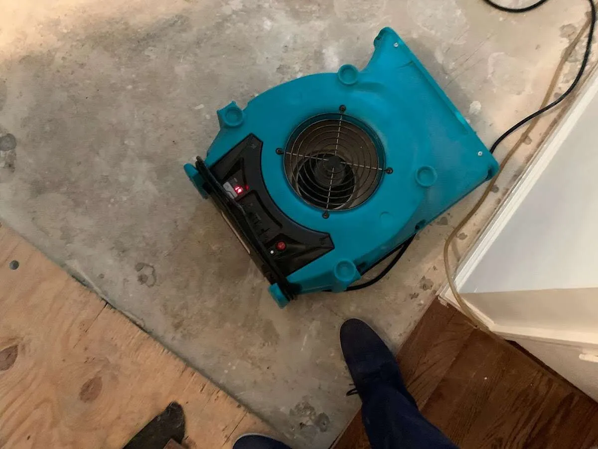 Air mover drying subfloor during Leak Detection & Repair in Stratford